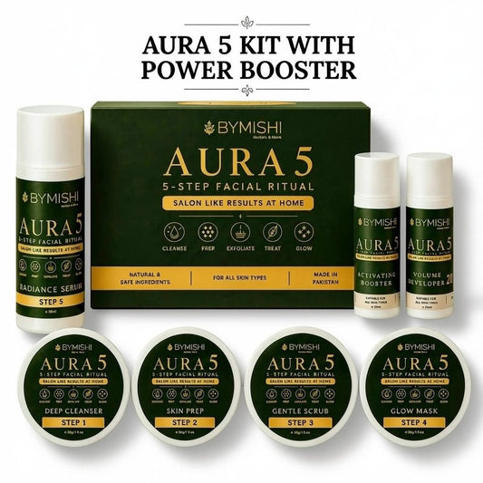 ByMishi Aura 5 facial kit with 5-step ritual products, booster, and developer in green and white packaging.