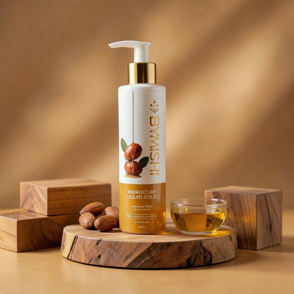 ByMishi sulphate free keratin shampoo bottle with gold pump on a wooden stand with almonds and oil