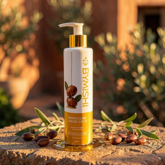 ByMishi Moroccan Liquid Gold sulphate-free keratin shampoo bottle with pump on a stone surface with argan nuts.