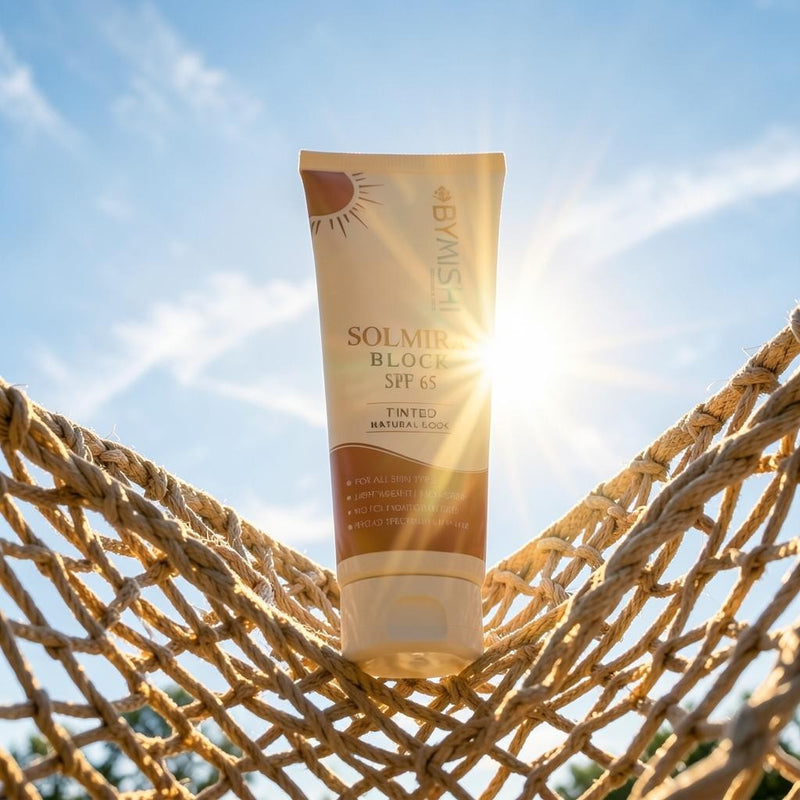 ByMishi Solmira SPF 65 tinted sunblock tube resting in a woven hammock against a bright sunlit sky.